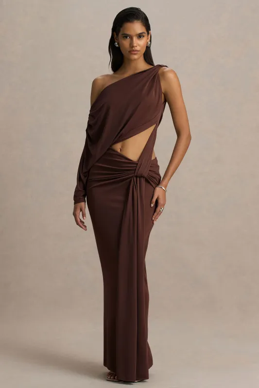 Layla | Brown Asymmetric-Neck Wrap Maxi Dress With Body Cut-Out And Ruched Detailing sold by Club L London
