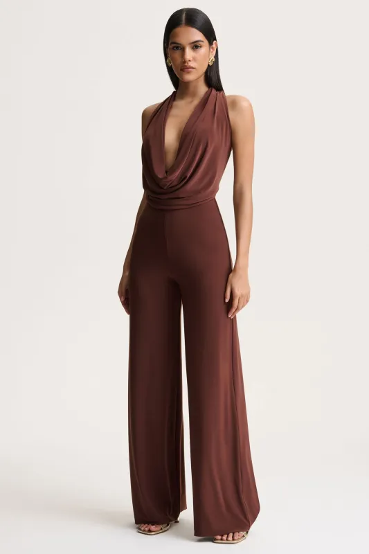 Clemence | Brown Plunge-Neck Jumpsuit sold by Club L London
