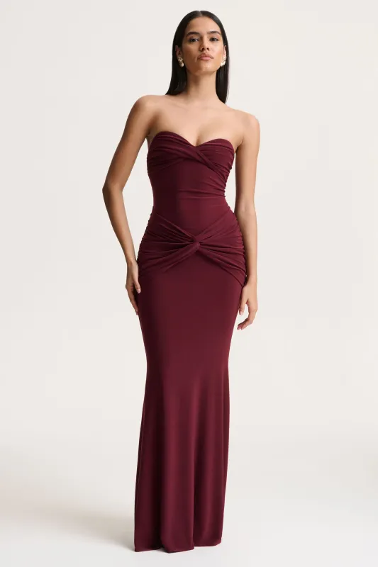 Elodia | Burgundy Bandeau Maxi Dress With Gathered-Detailing sold by Club L London