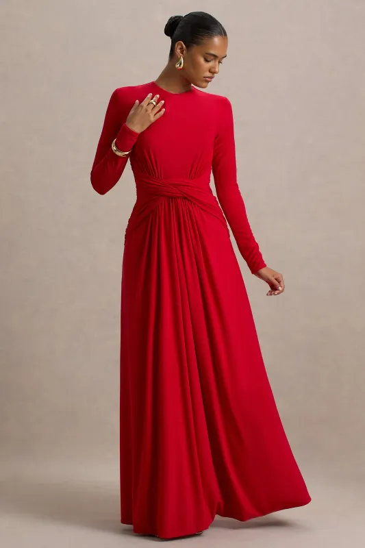 Estrella | Red High-Neck Maxi Dress With Ruched Detailing sold by Club L London