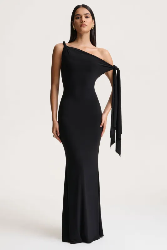 Vista | Black Asymmetric-Neck Maxi Dress With Knot-Sleeve Detail sold by Club L London