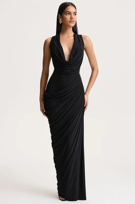 Desiree | Black Plunge-Neck Maxi Dress With Draped Detailing sold by Club L London