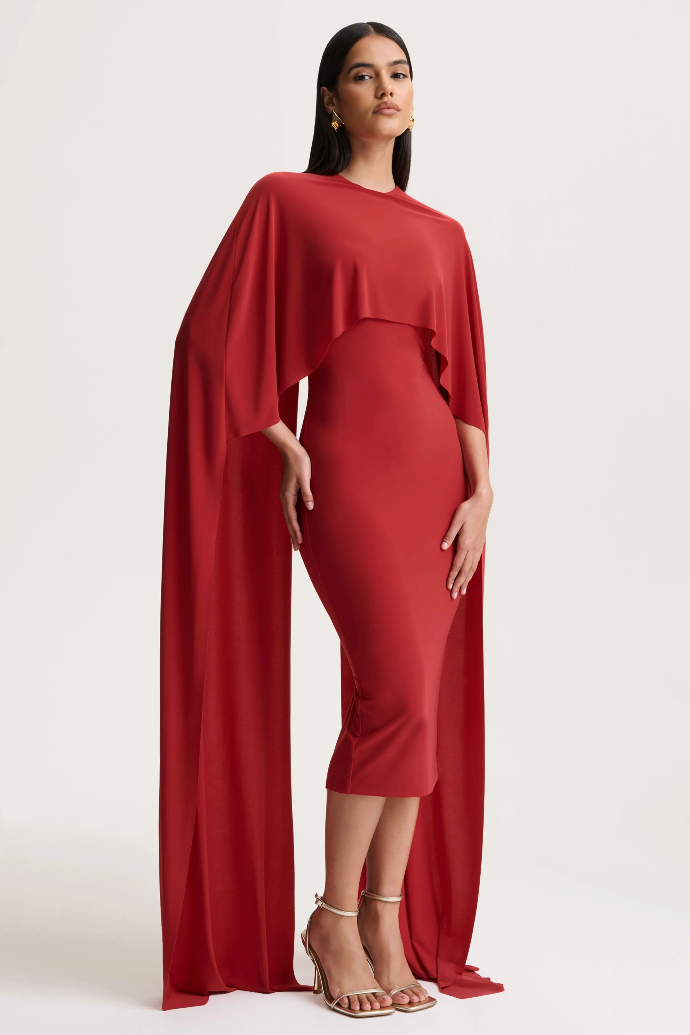 Kalani | Red Crew-Neck Midi Dress With Cape-Sleeves sold by Club L London product image thumbnail 4