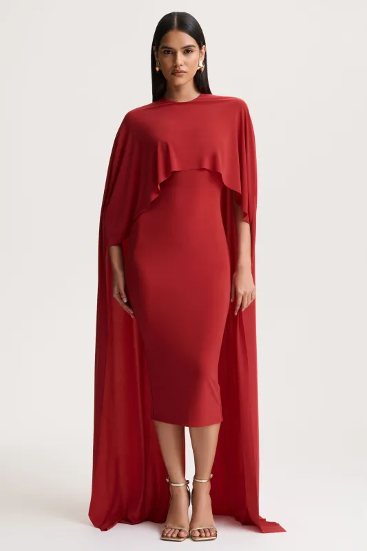 Kalani | Red Crew-Neck Midi Dress With Cape-Sleeves sold by Club L London