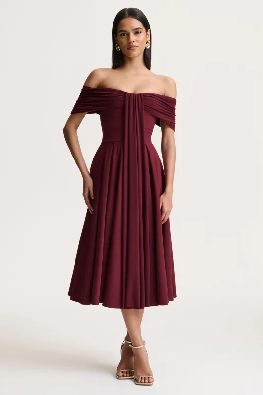 Dearest | Burgundy Bardot-Neck Midi Dress sold by Club L London