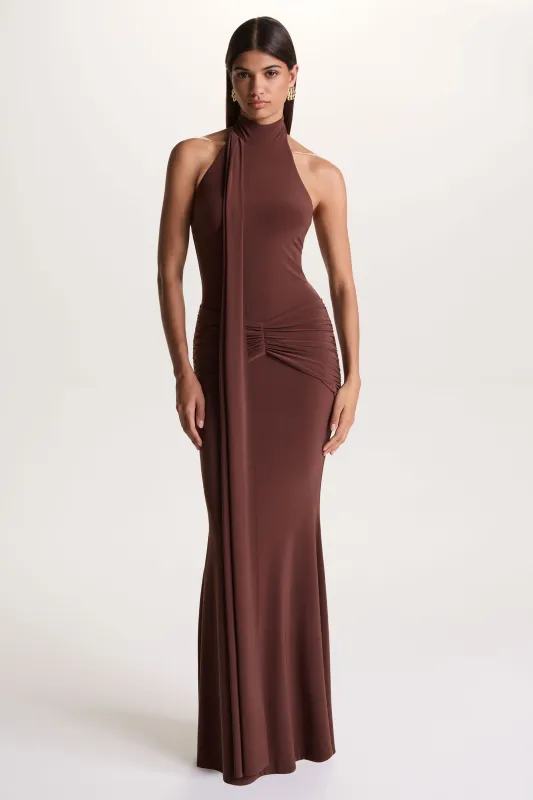 Hyla | Brown High-Neck Maxi Dress With Sash-Detail sold by Club L London