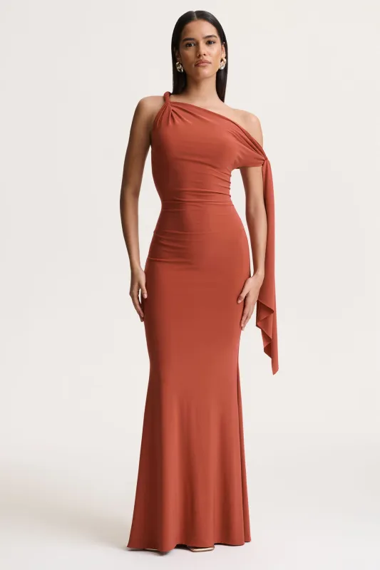 Vista | Rust Asymmetric-Neck Maxi Dress With Knot-Sleeve Detail sold by Club L London