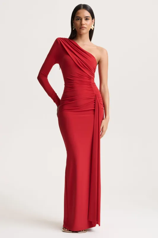 Anne | Red Asymmetric-Neck Wrapped Maxi Dress With Sash sold by Club L London