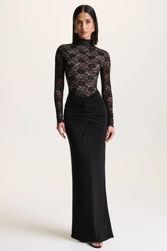 Justina | Black High-Neck Maxi Dress With Gathered-Detailing sold by Club L London