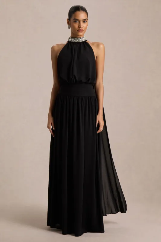 Marie | Black Halter-Neck Maxi Dress With Embellished Detailing sold by Club L London