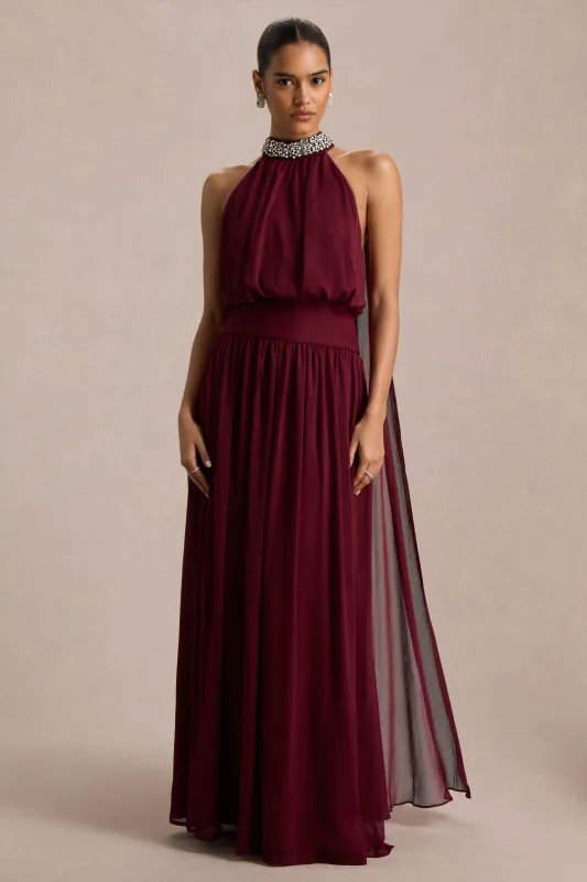 Marie | Burgundy Halter-Neck Maxi Dress With Embellished Detailing sold by Club L London