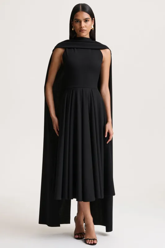 Nova | Black High-Neck Midi Dress With Cape-Sleeves sold by Club L London