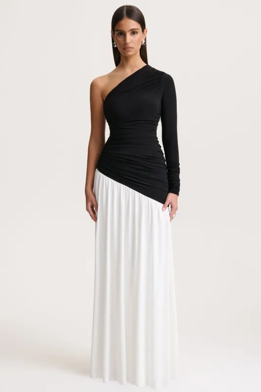 Danila | Black And White Asymmetric-Neck Maxi Dress With Drop-Waist sold by Club L London