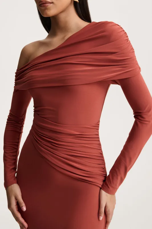 Elliora | Rust Asymmetric-Neck Midi Dress sold by Club L London