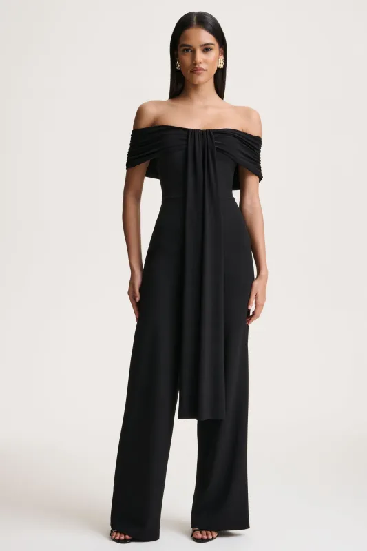 Kalida | Black Bardot-Neck Jumpsuit With Sash-Detail made by Club L London