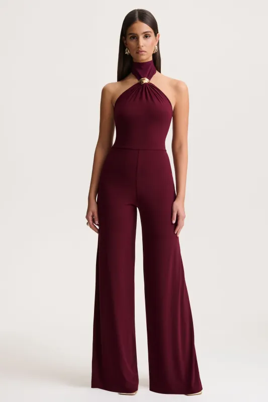 Gwen | Burgundy High-Neck Jumpsuit With Gold-Detail sold by Club L London