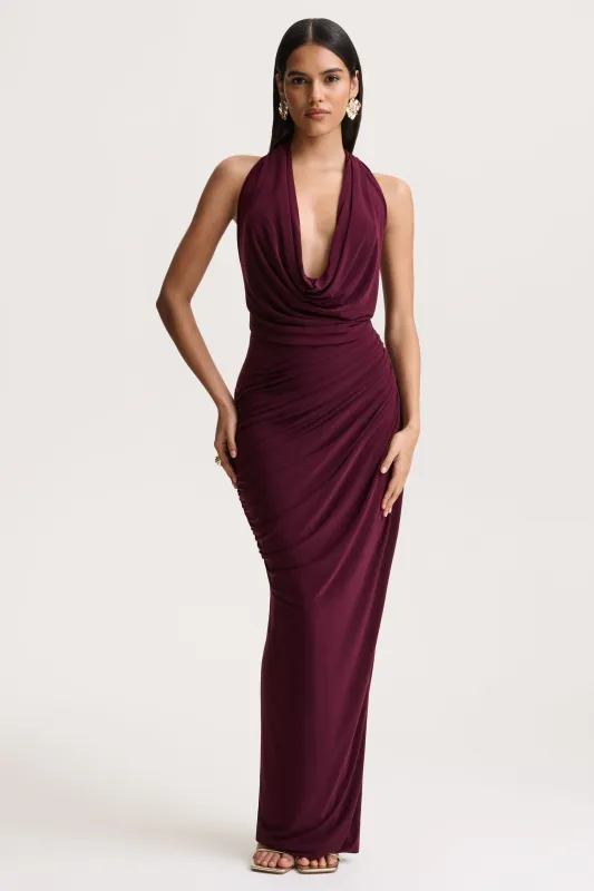 Cairo | Burgundy Cowl-Neck Maxi Dress With Gathered Detailing sold by Club L London