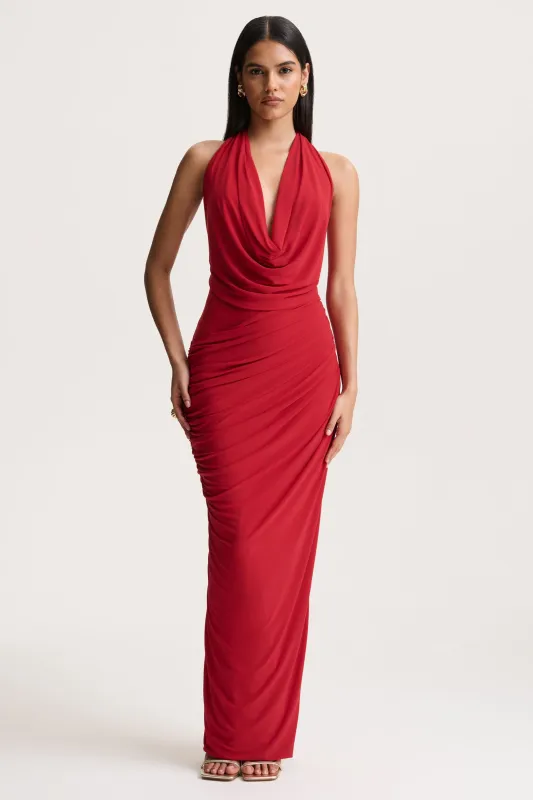 Cairo | Red Cowl-Neck Maxi Dress With Gathered Detailing sold by Club L London