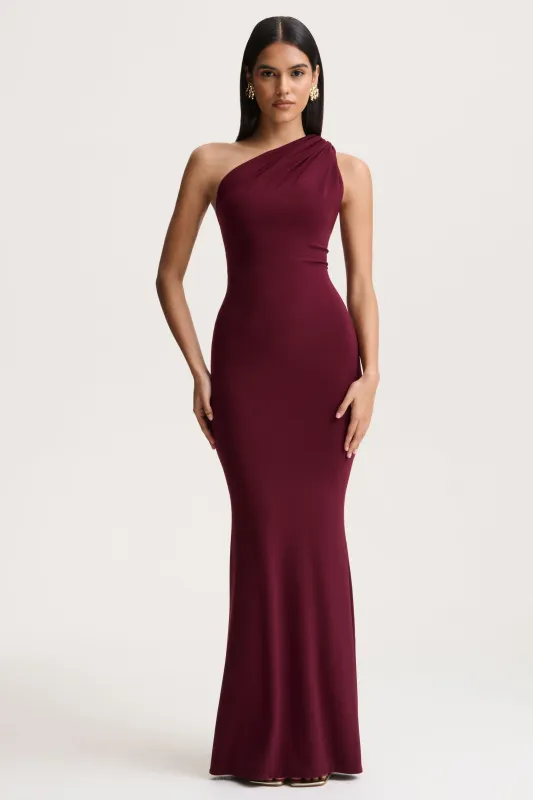 Ottilie | Burgundy Asymmetric-Neck Maxi Dress made by Club L London