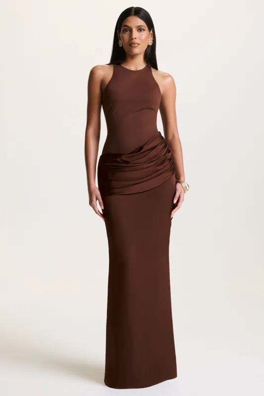 Akari | Brown Crew-Neck Maxi Dress With Satin Skirt sold by Club L London