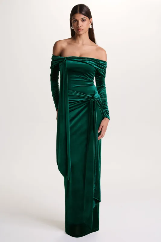 Jessara | Bottle Green Bardot-Neck Maxi Dress With Knot-Details sold by Club L London