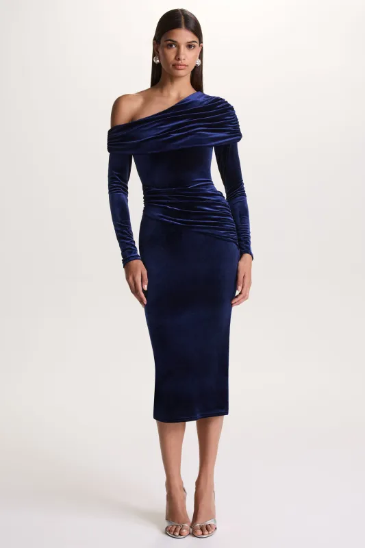 Eirene | Blue Velvet Asymmetric-Neck Midi Dress sold by Club L London