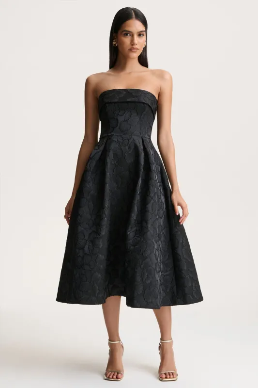 Zuma | Black Metallic Jacquard Strapless Midi Dress sold by Club L London