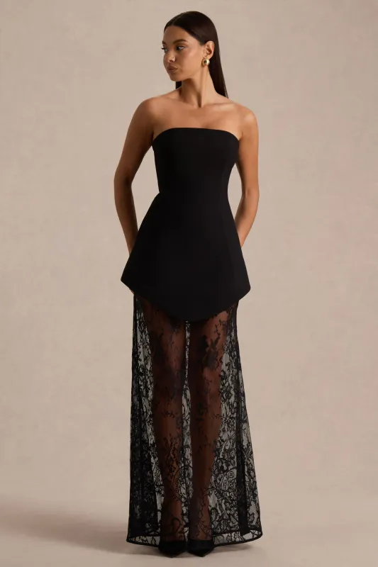 Brandi | Black Bandeau Maxi Dress With Lace Skirt sold by Club L London