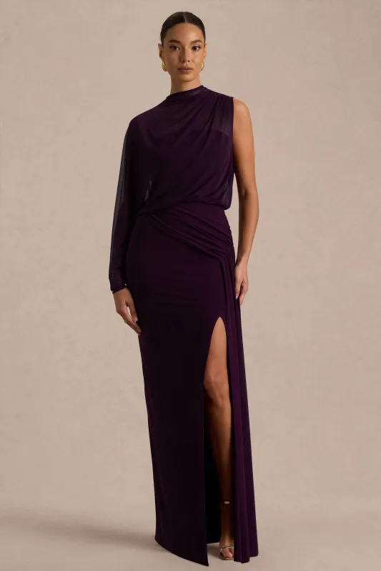 Aurelia | Dark Plum High-Neck Wrapped Maxi Dress With One-Cape Sleeve sold by Club L London