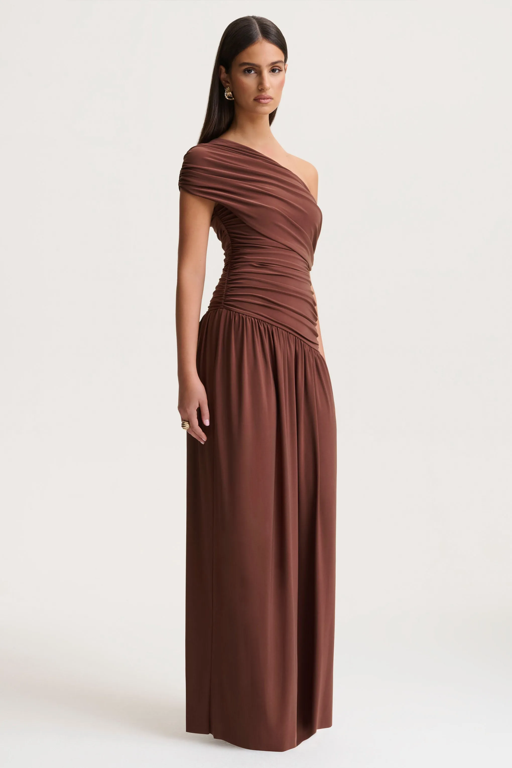 Emberly | Brown Draped Asymmetric-Neck Maxi Dress With Drop-Waist sold by Club L London product image thumbnail 4