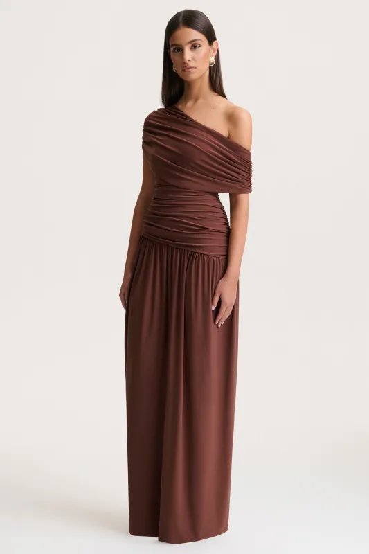 Emberly | Brown Draped Asymmetric-Neck Maxi Dress With Drop-Waist sold by Club L London