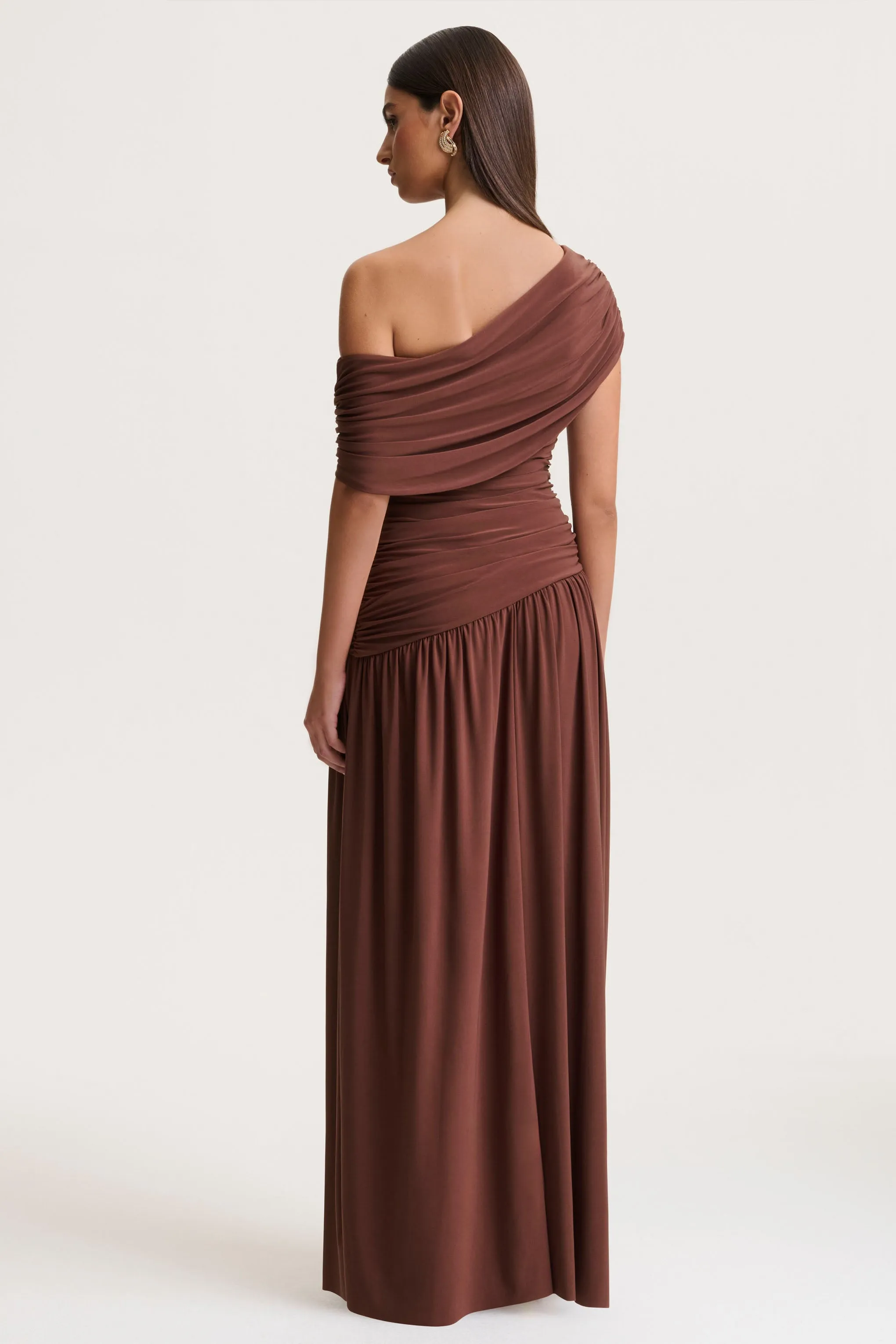 Emberly | Brown Draped Asymmetric-Neck Maxi Dress With Drop-Waist sold by Club L London product image thumbnail 2