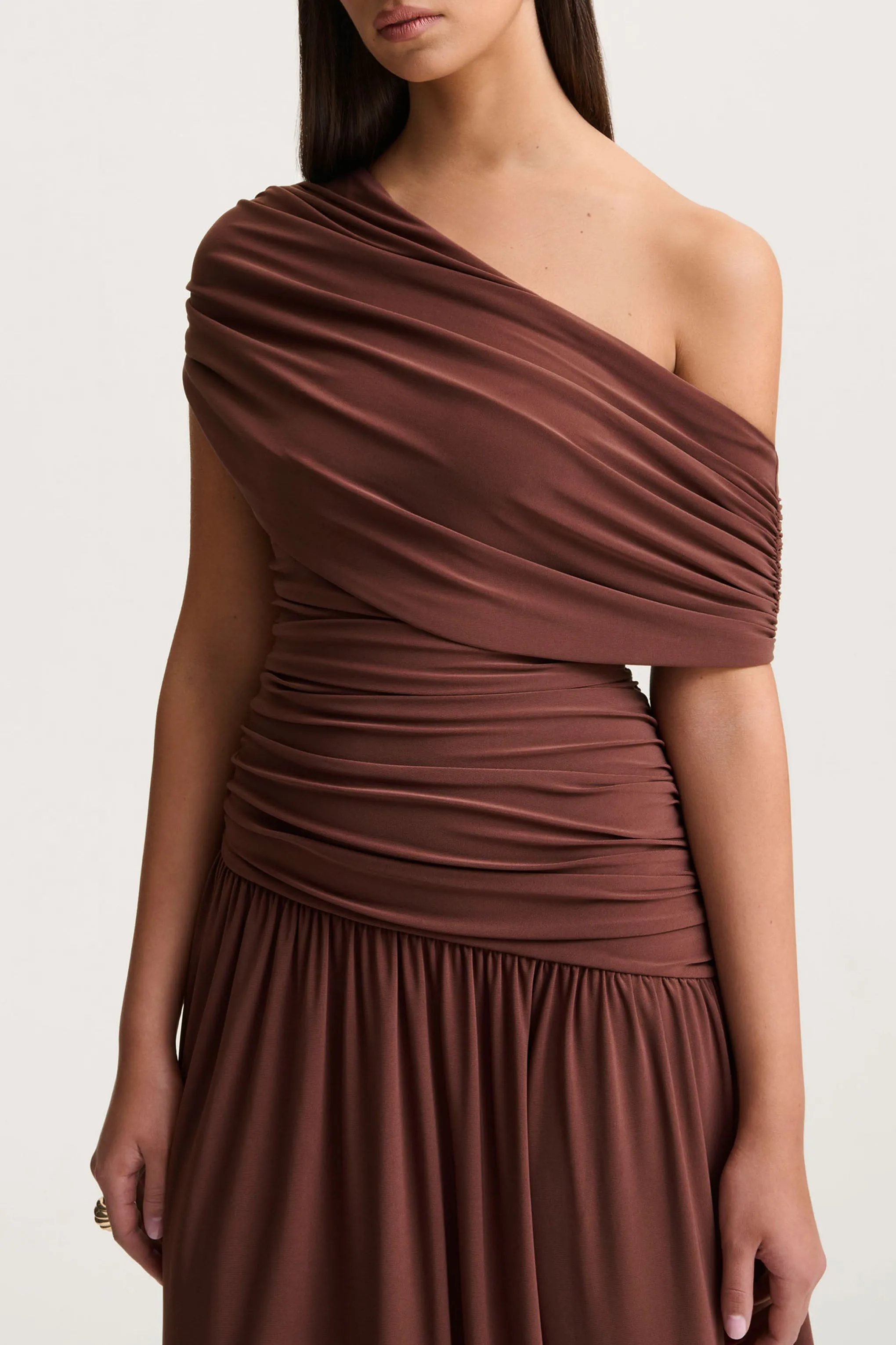 Emberly | Brown Draped Asymmetric-Neck Maxi Dress With Drop-Waist sold by Club L London product image thumbnail 3