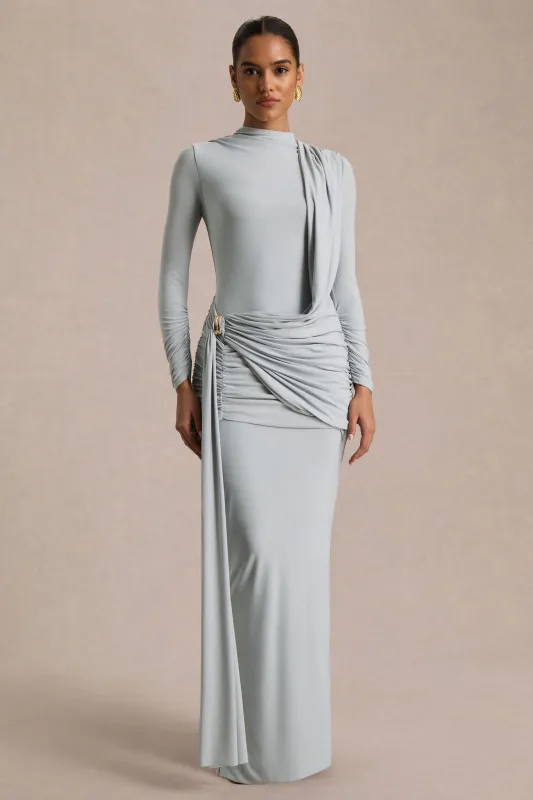 Melissa | Blue Long-Sleeve Wrap Maxi Dress With Draped Detailing sold by Club L London