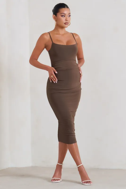 Raquel | Brown Maternity Cami Midi Dress With Split sold by Club L London