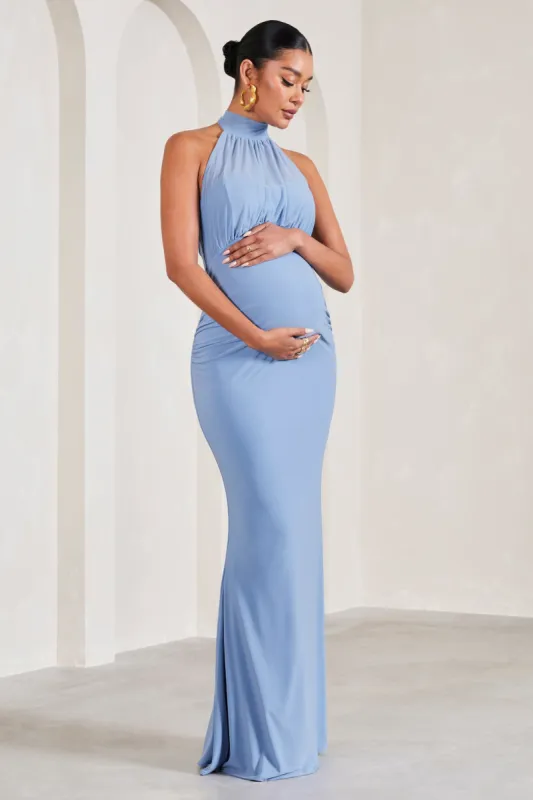 In My Heart | Cornflower Blue Mesh Halter-Neck Sleeveless Maternity Maxi Dress sold by Club L London