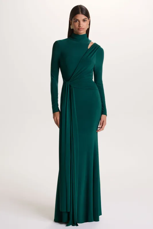 Alastrina | Dark Green High-Neck Maxi Dress With Gathered-Detailing sold by Club L London