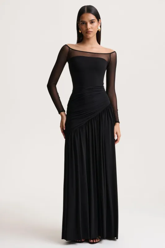 Bexley | Black Bardot-Neck Draped Maxi Dress With Long Mesh-Sleeves sold by Club L London