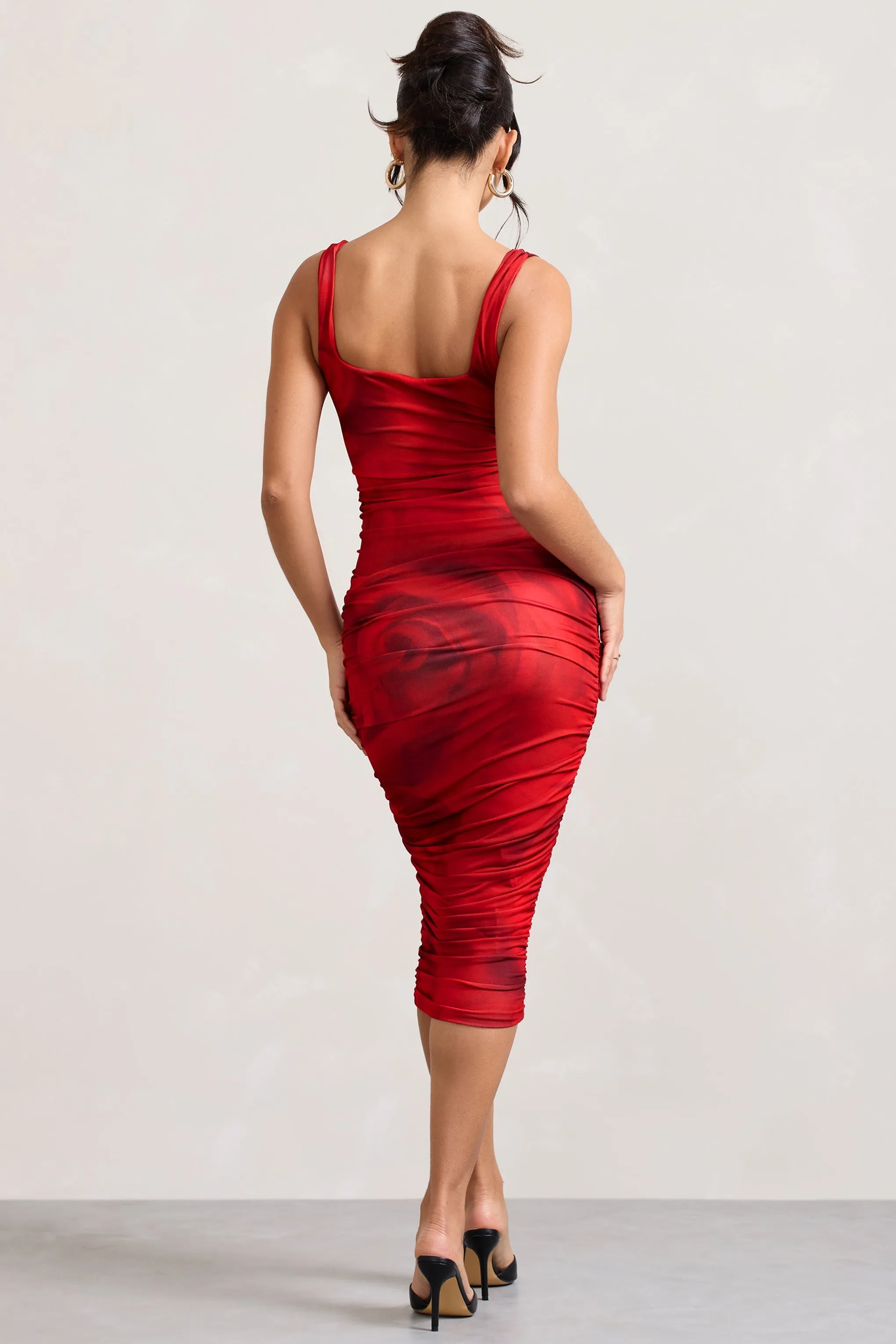 Lisbon | Red Rose Print Square Neck Ruched Midi Dress sold by Club L London product image thumbnail 3
