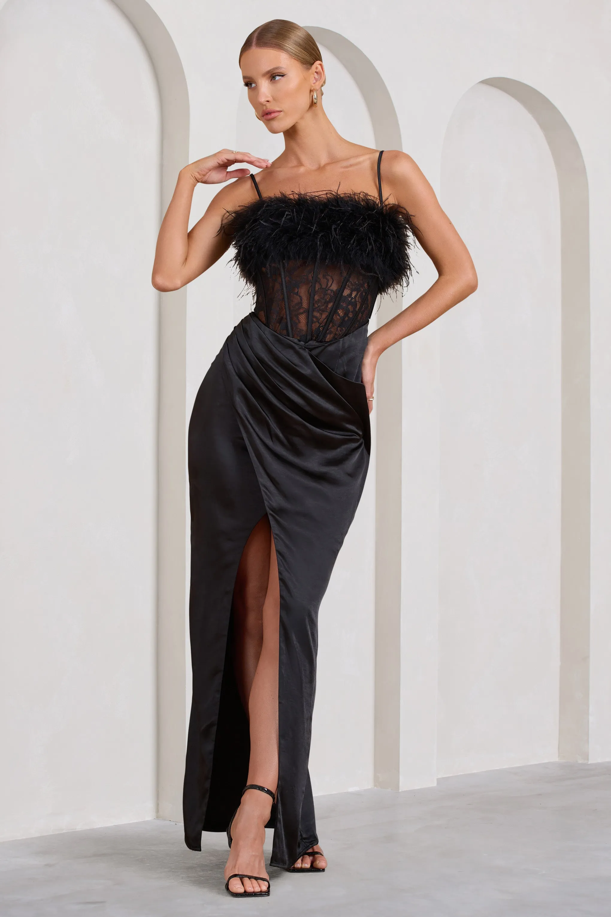 Countess | Black Lace Corset Maxi Dress With Feather Trim sold by Club L London product image thumbnail 4