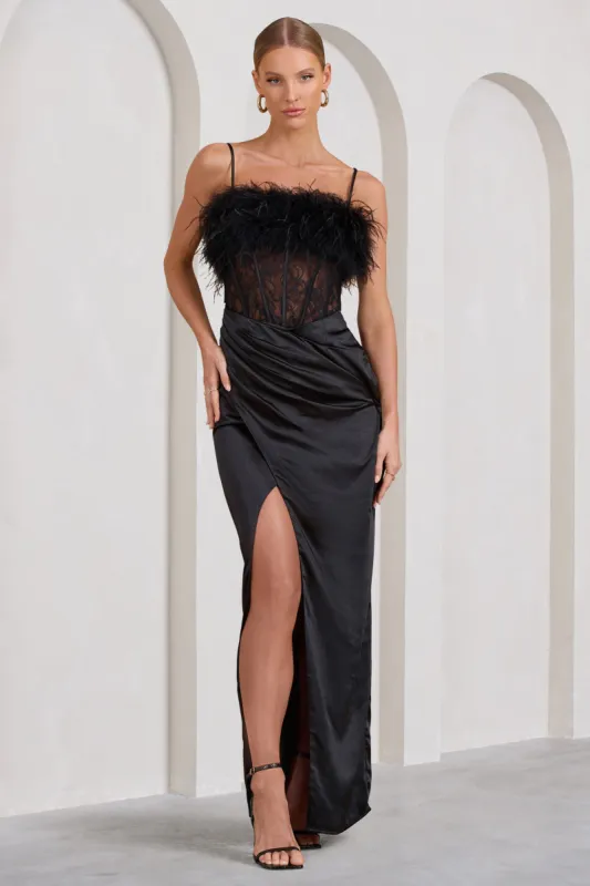 Countess | Black Lace Corset Maxi Dress With Feather Trim sold by Club L London