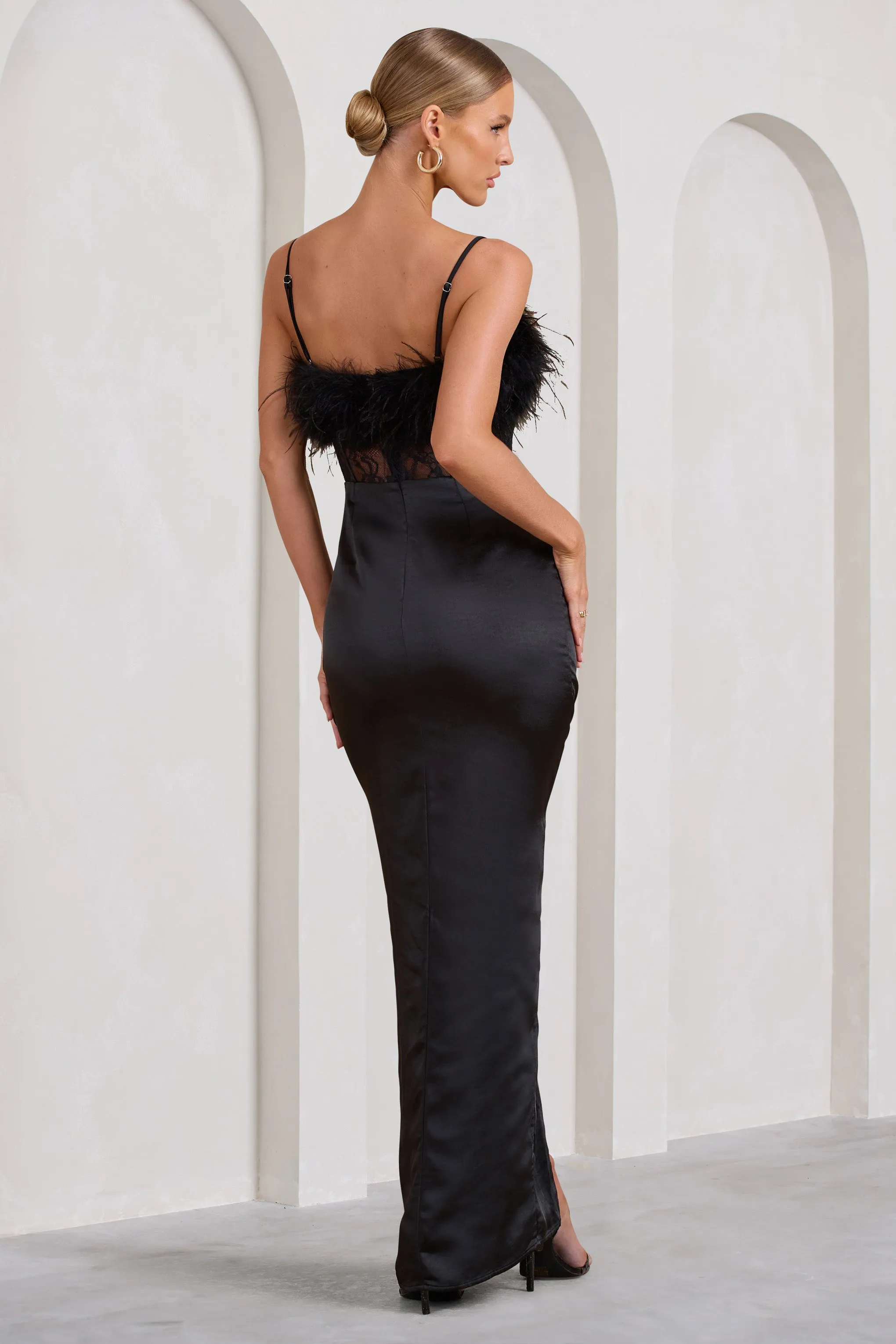 Countess | Black Lace Corset Maxi Dress With Feather Trim sold by Club L London product image thumbnail 2