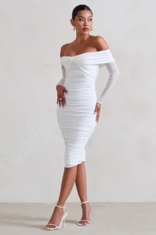 Neva | White Bardot Twist Midi Dress sold by Club L London