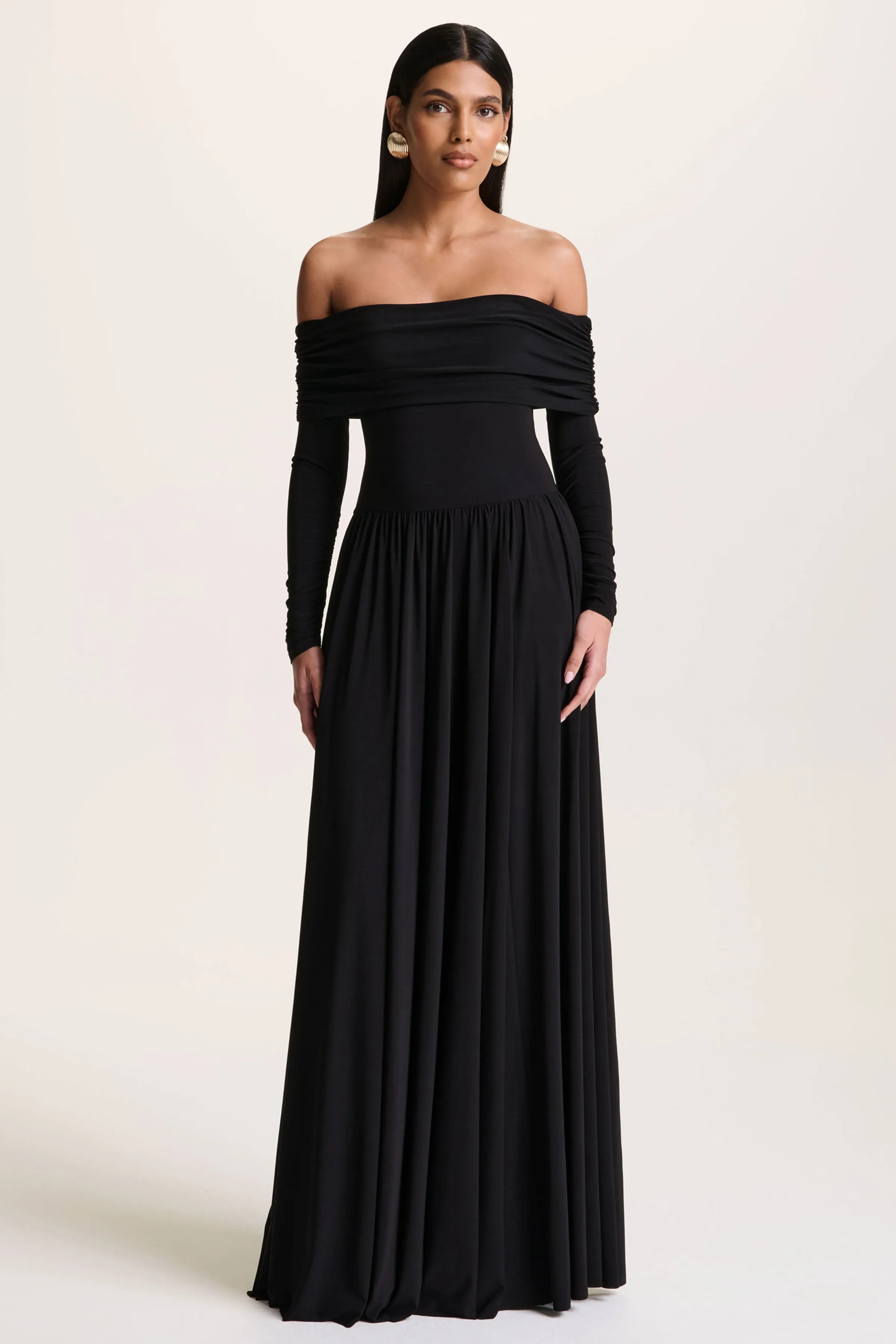 Saskia | Black Bardot-Neck Maxi Dress sold by Club L London