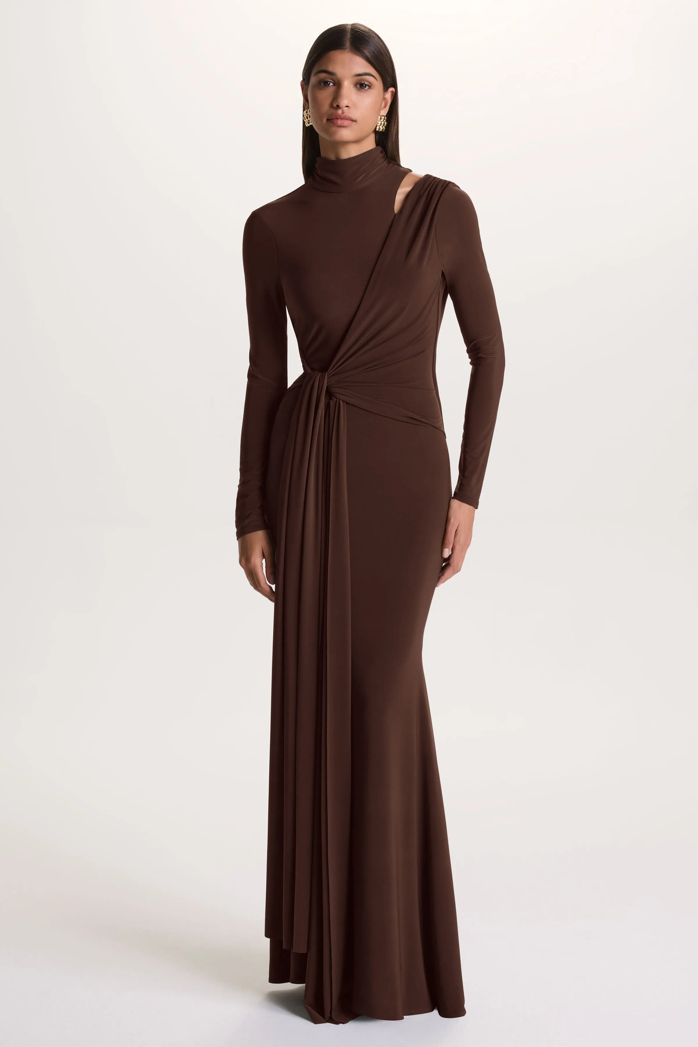 Alastrina | Brown High-Neck Maxi Dress With Gathered-Detailing sold by Club L London product image thumbnail 4