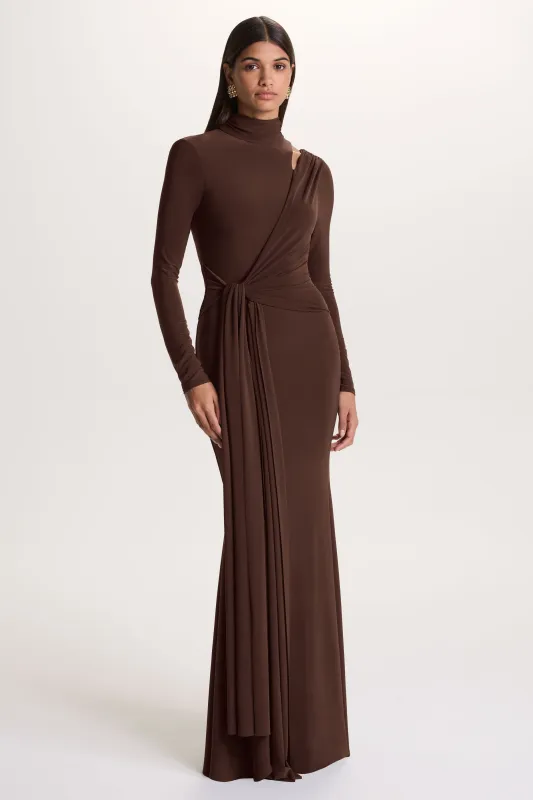 Alastrina | Brown High-Neck Maxi Dress With Gathered-Detailing sold by Club L London