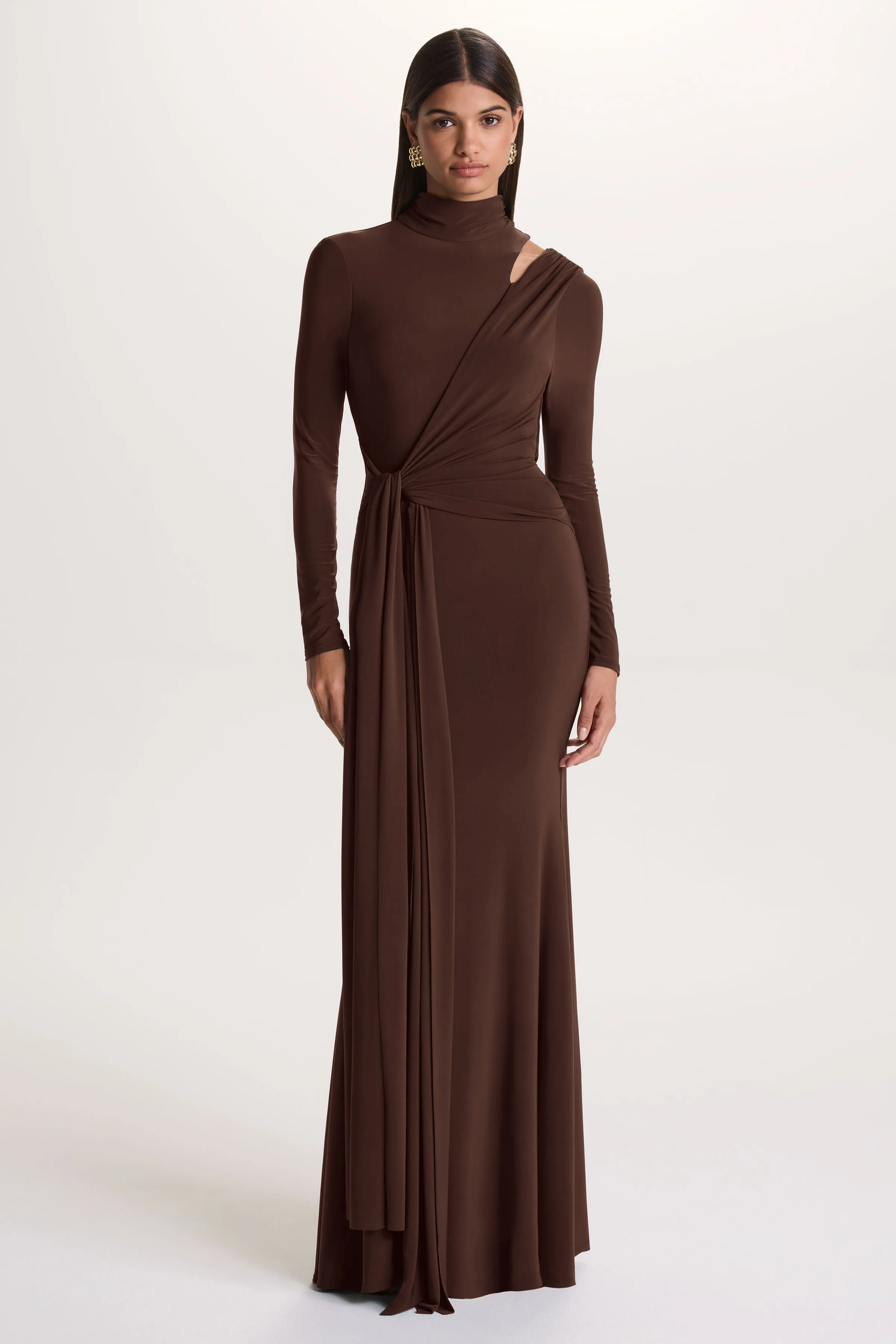 Alastrina | Brown High-Neck Maxi Dress With Gathered-Detailing sold by Club L London product image thumbnail 5