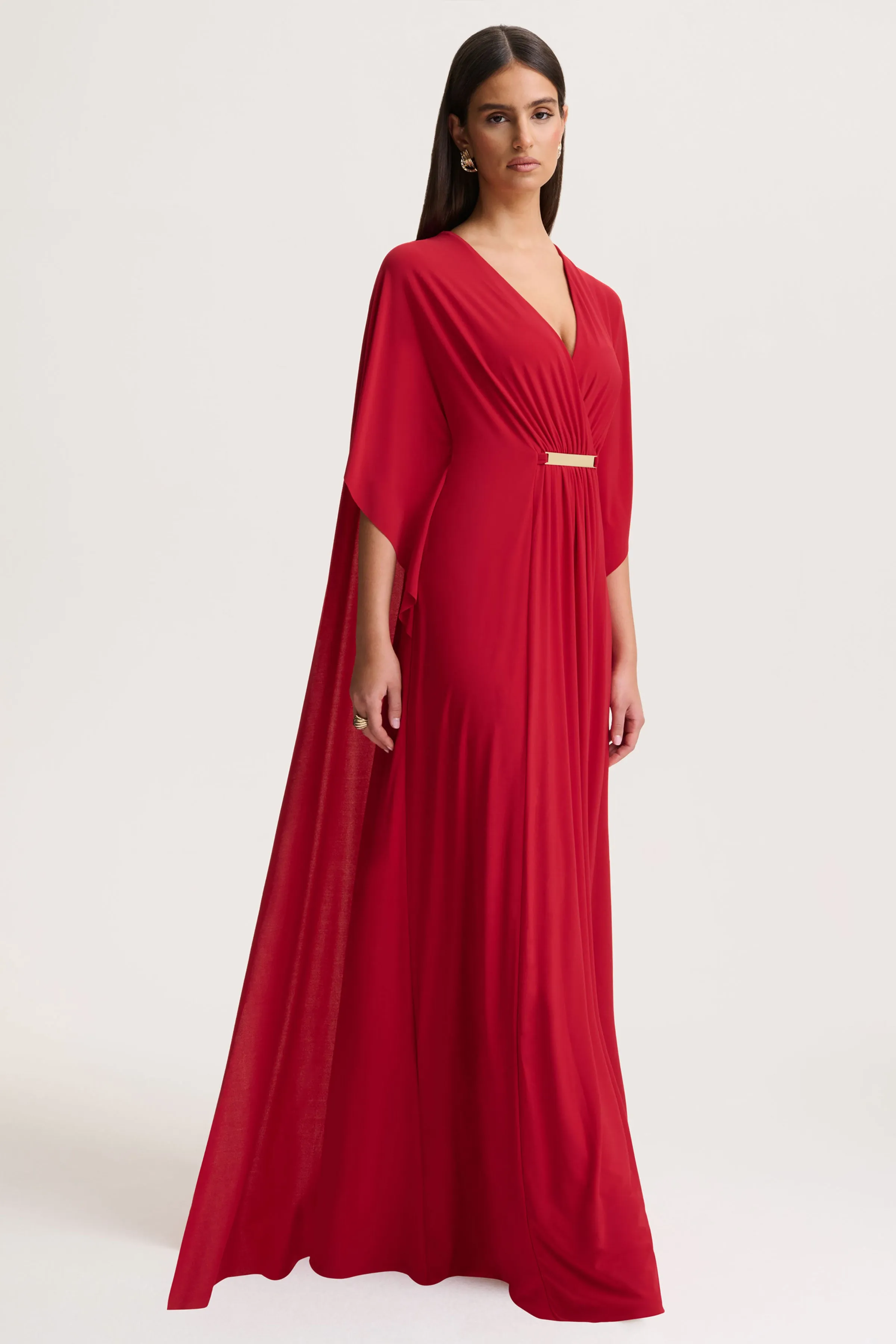 Romilly | Red Plunge-Neck Maxi Dress With Gathered Detail sold by Club L London product image thumbnail 4