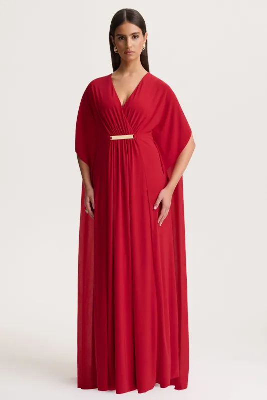 Romilly | Red Plunge-Neck Maxi Dress With Gathered Detail made by Club L London