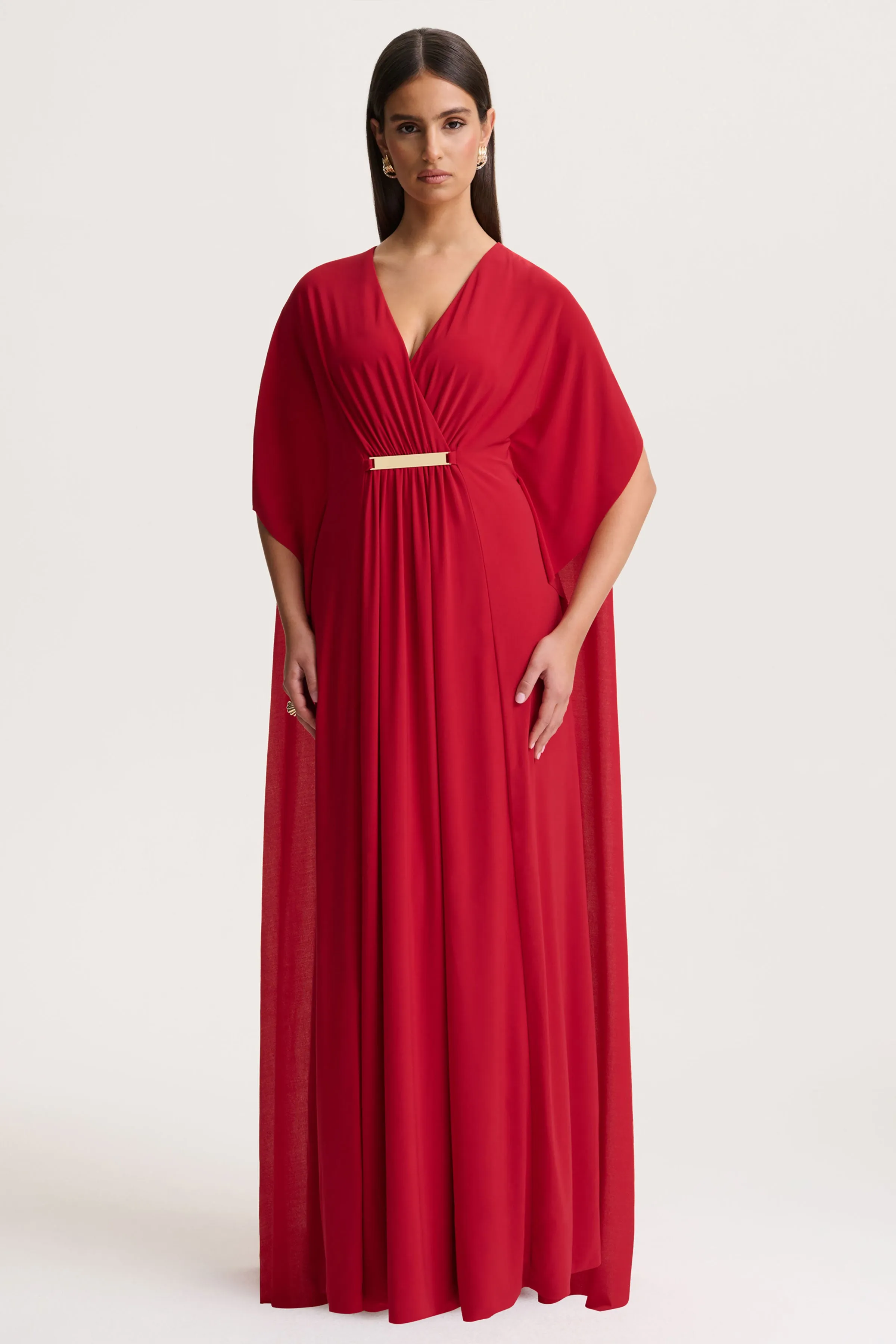 Romilly | Red Plunge-Neck Maxi Dress With Gathered Detail sold by Club L London